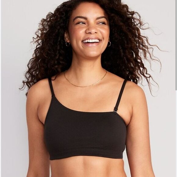 Black Convertible Textured Bandeau Bikini Swim Top Size M - Picture 1 of 9